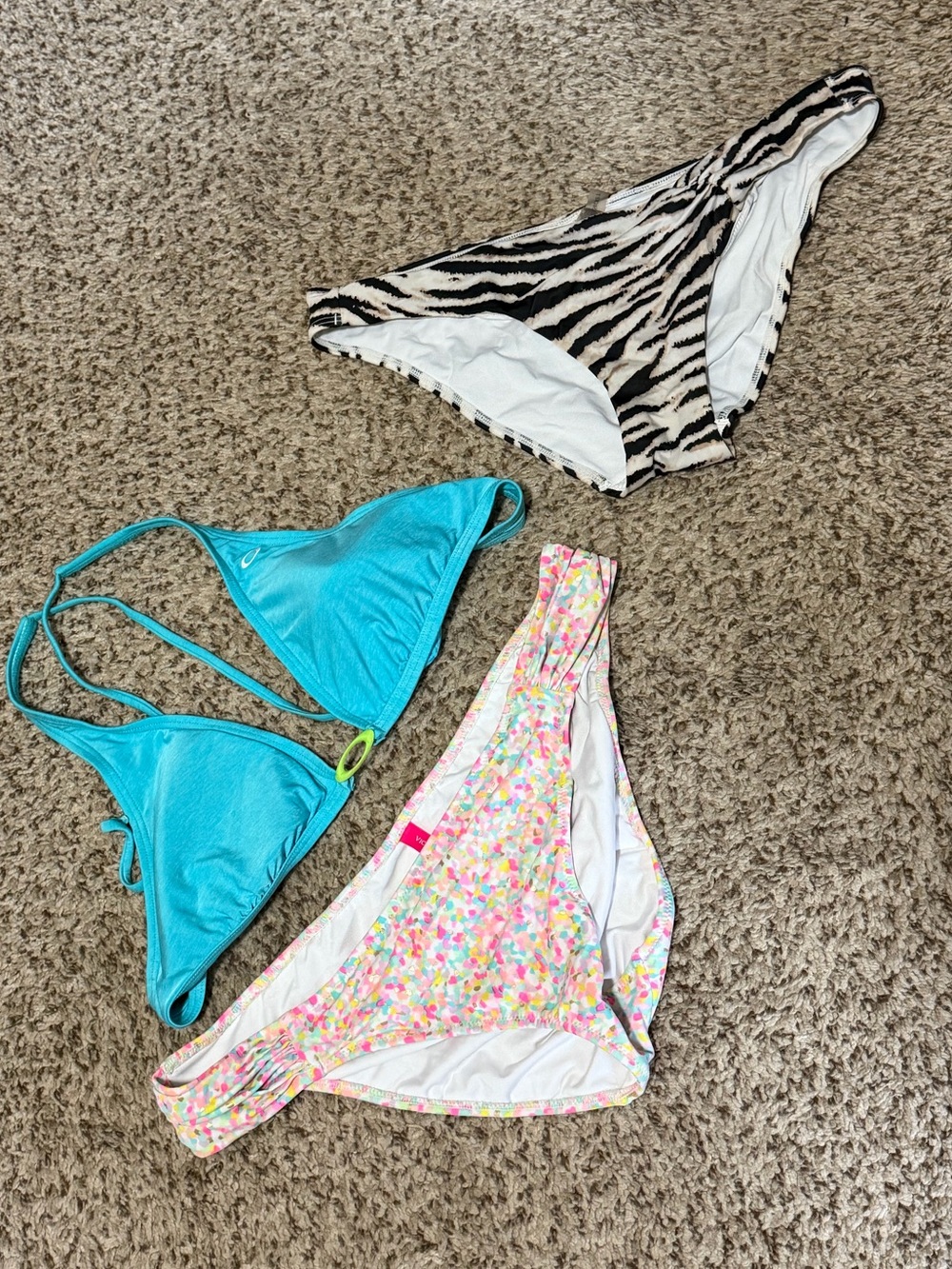 3-Piece Bikini Bottoms & Top Set - Turquoise, Zebra, Confetti Print